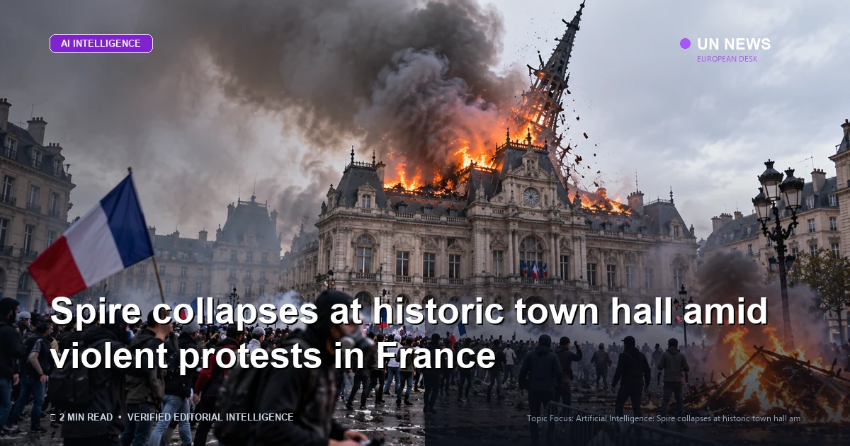 Artificial Intelligence news report: Spire collapses at historic town hall amid violent protests in France
