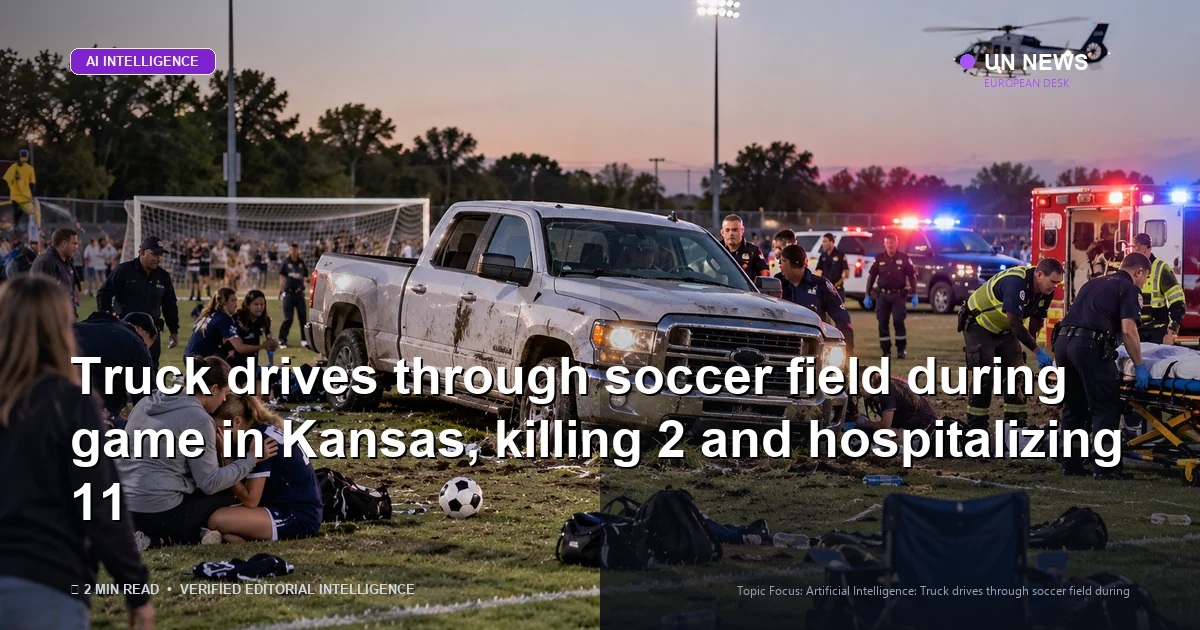 Editorial illustration representing Truck drives through soccer field during game in Kansas, killing 2 and hospitali