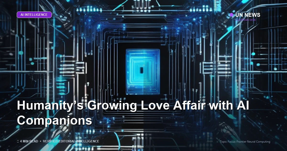 Editorial news illustration representing Humanity’s Growing Love Affair with AI Companions