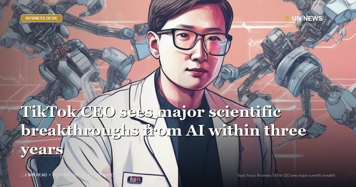 Editorial news illustration representing TikTok CEO sees major scientific breakthroughs from AI within three years