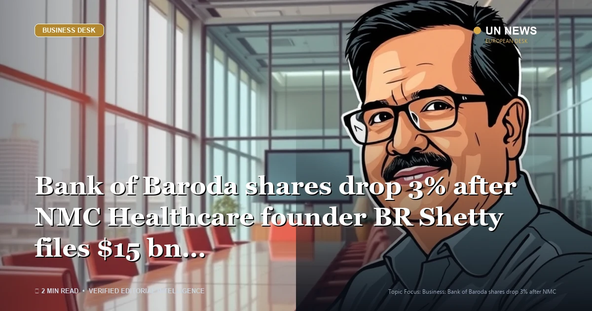 Editorial news illustration representing Bank of Baroda shares drop 3% after NMC Healthcare founder BR Shetty files $15 b