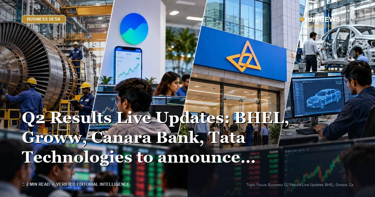 Editorial news illustration representing Q2 Results Live Updates: BHEL, Groww, Canara Bank, Tata Technologies to announce