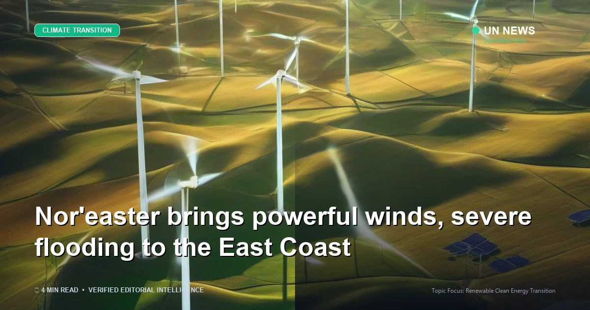 Editorial news illustration representing Nor'easter brings powerful winds, severe flooding to the East Coast