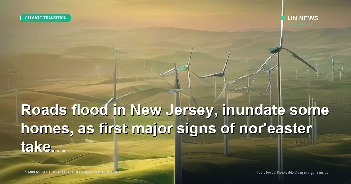 Editorial news illustration representing Roads flood in New Jersey, inundate some homes, as first major signs of nor'east