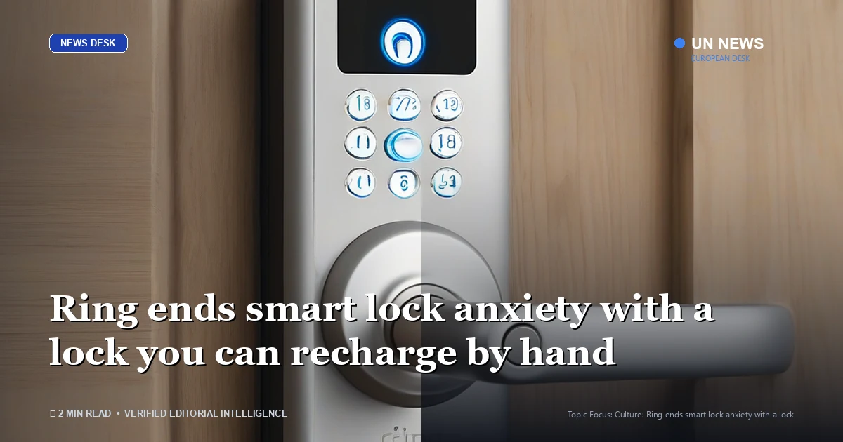 Editorial news illustration representing Ring ends smart lock anxiety with a lock you can recharge by hand
