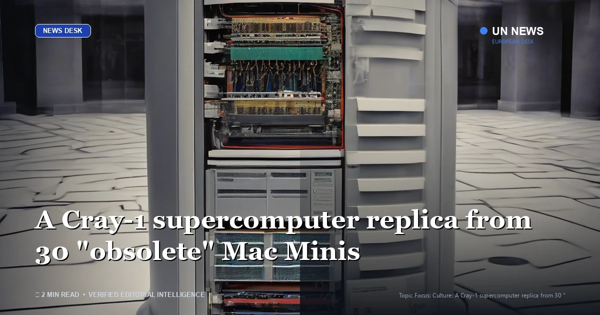 Editorial news illustration representing A Cray-1 supercomputer replica from 30 "obsolete" Mac Minis