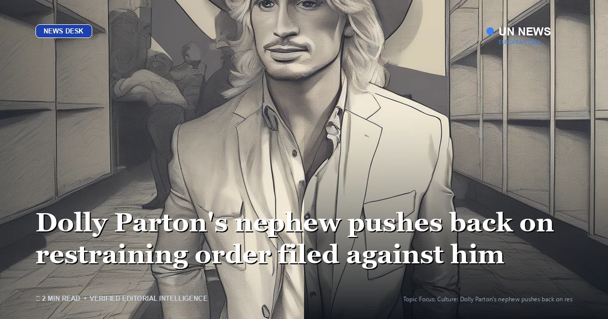 Editorial news illustration representing Dolly Parton's nephew pushes back on restraining order filed against him