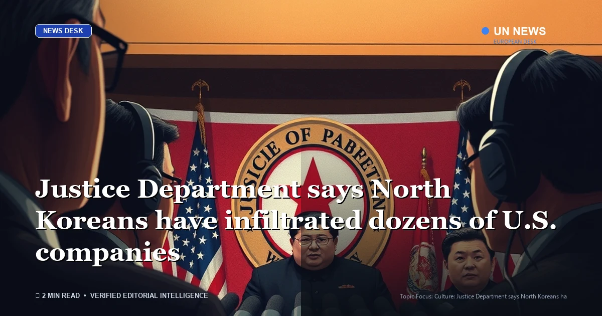 Editorial news illustration representing Justice Department says North Koreans have infiltrated dozens of U.S. companies