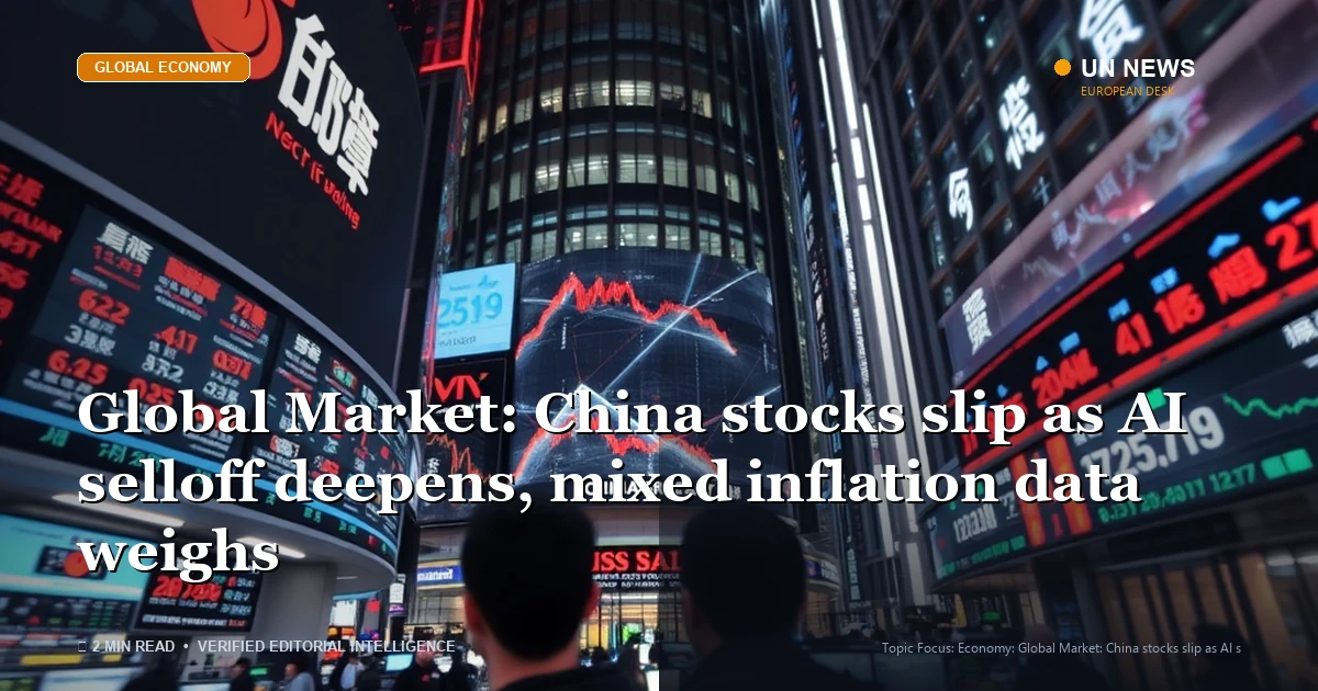 Editorial news illustration representing Global Market: China stocks slip as AI selloff deepens, mixed inflation data wei