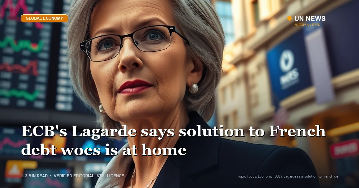 Editorial news illustration representing ECB's Lagarde says solution to French debt woes is at home