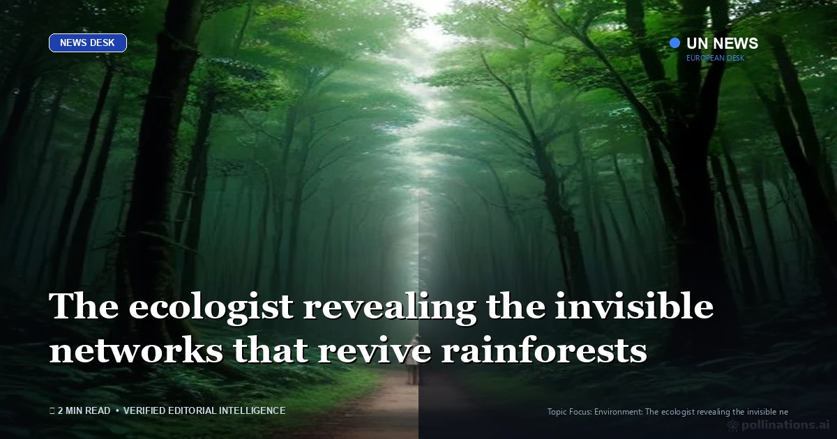 Editorial news illustration representing The ecologist revealing the invisible networks that revive rainforests