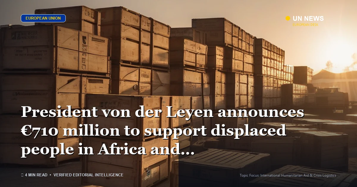 Editorial news illustration representing President von der Leyen announces €710 million to support displaced people in Af