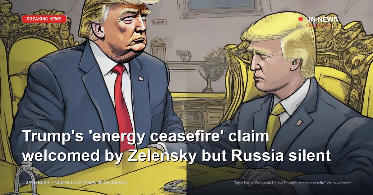 Editorial news illustration representing Trump's 'energy ceasefire' claim welcomed by Zelensky but Russia silent