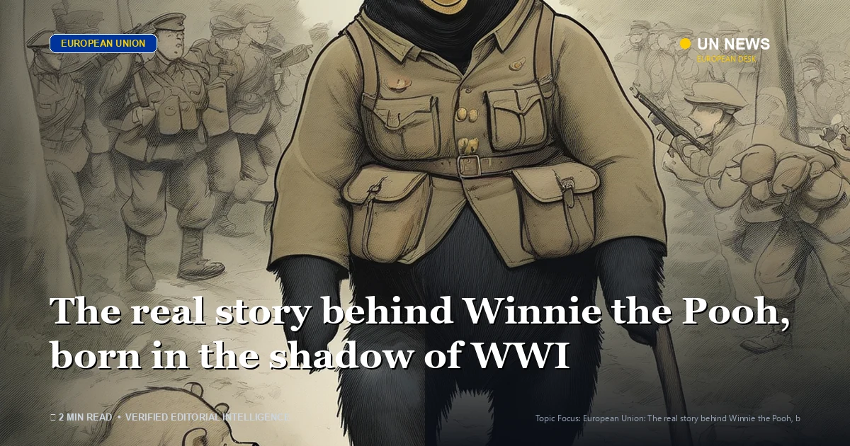 Editorial news illustration representing The real story behind Winnie the Pooh, born in the shadow of WWI