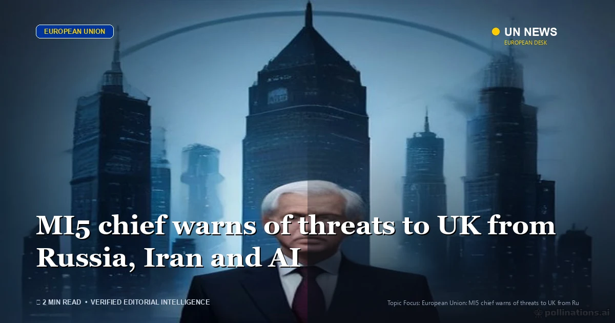 Editorial news illustration representing MI5 chief warns of threats to UK from Russia, Iran and AI