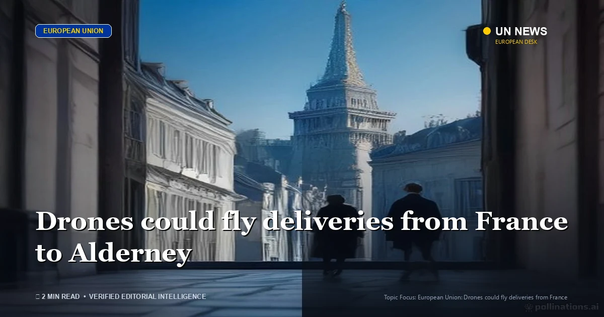 Editorial news illustration representing Drones could fly deliveries from France to Alderney