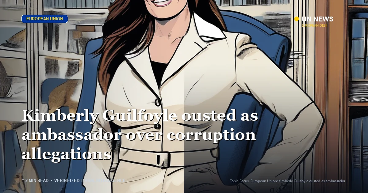 Editorial news illustration representing Kimberly Guilfoyle ousted as ambassador over corruption allegations