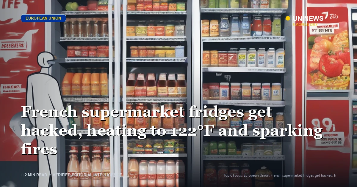 Editorial news illustration representing French supermarket fridges get hacked, heating to 122°F and sparking fires