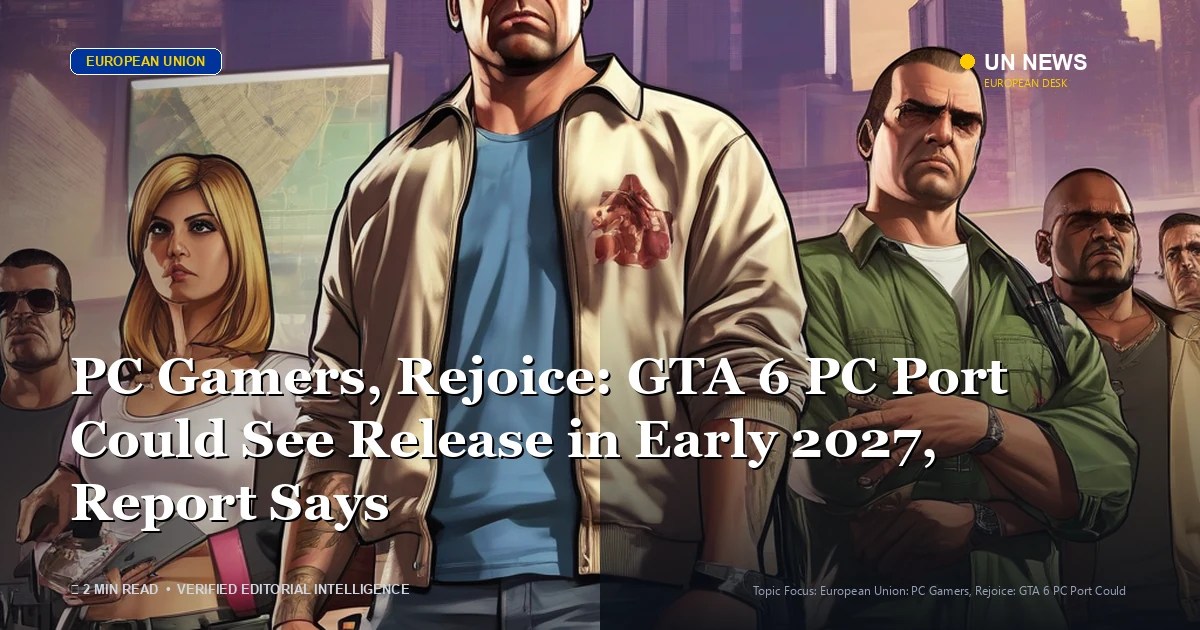Editorial news illustration representing PC Gamers, Rejoice: GTA 6 PC Port Could See Release in Early 2027, Report Says
