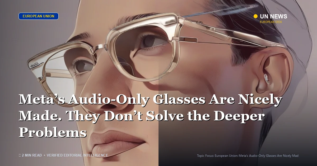 Editorial news illustration representing Meta’s Audio-Only Glasses Are Nicely Made. They Don’t Solve the Deeper Problems