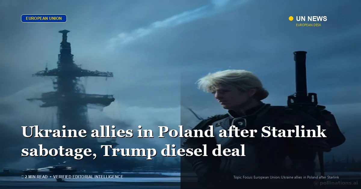 Editorial news illustration representing Ukraine allies in Poland after Starlink sabotage, Trump diesel deal