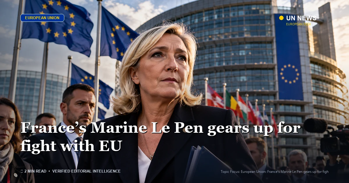 Editorial news illustration representing France’s Marine Le Pen gears up for fight with EU