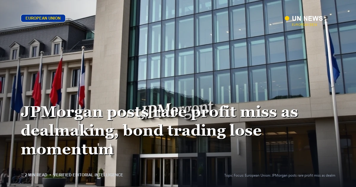 Editorial news illustration representing JPMorgan posts rare profit miss as dealmaking, bond trading lose momentum