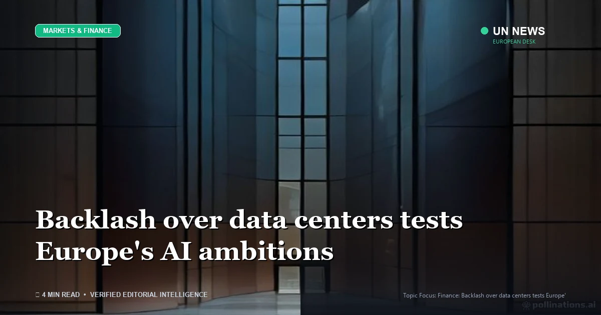 Editorial news illustration representing Backlash over data centers tests Europe's AI ambitions