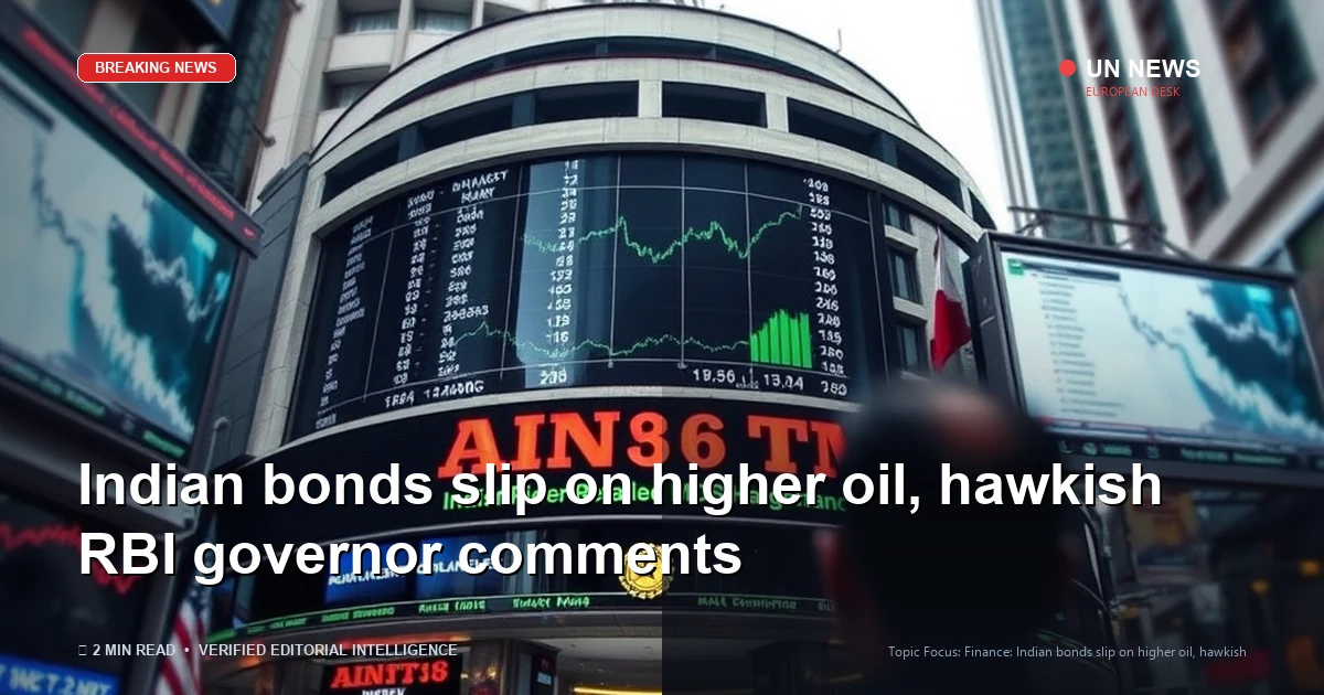 Editorial news illustration representing Indian bonds slip on higher oil, hawkish RBI governor comments