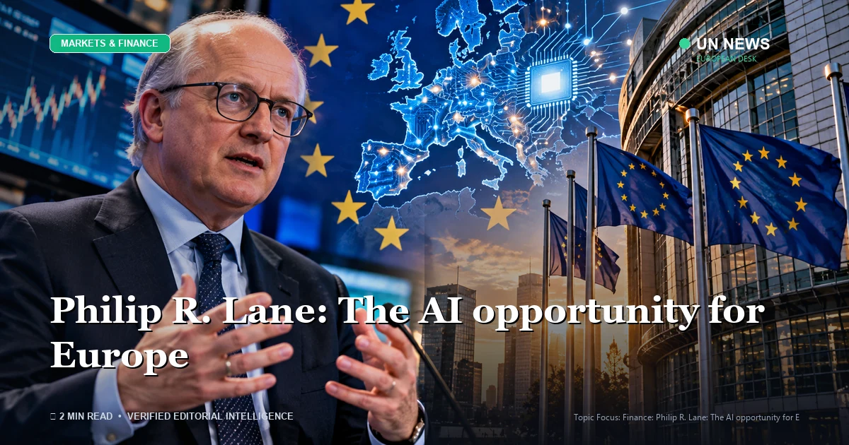Editorial news illustration representing Philip R. Lane: The AI opportunity for Europe