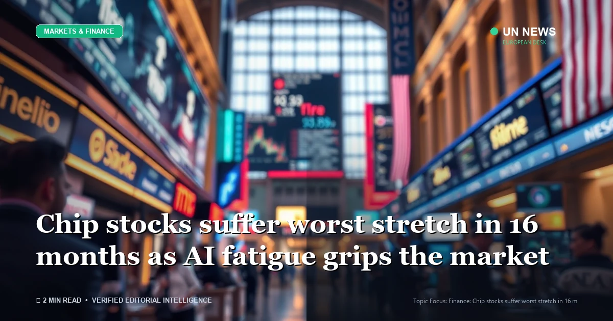 Editorial news illustration representing Chip stocks suffer worst stretch in 16 months as AI fatigue grips the market