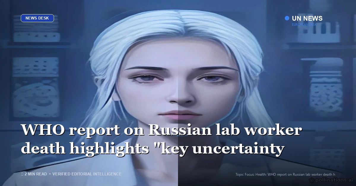 Editorial news illustration representing WHO report on Russian lab worker death highlights "key uncertainty"