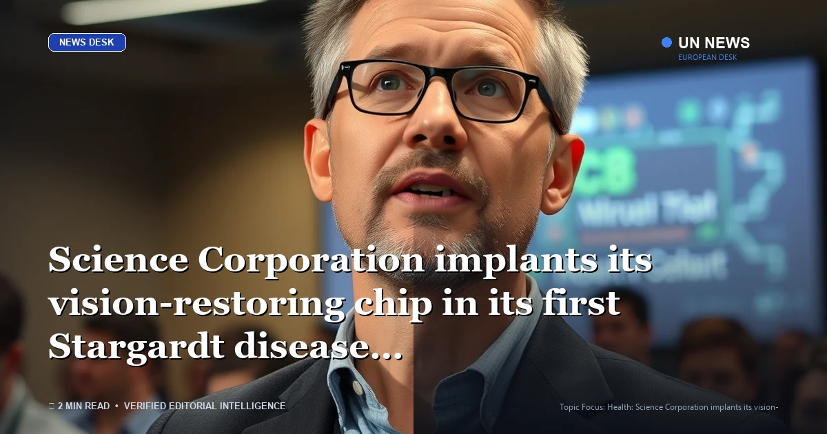 Editorial news illustration representing Science Corporation implants its vision-restoring chip in its first Stargardt di