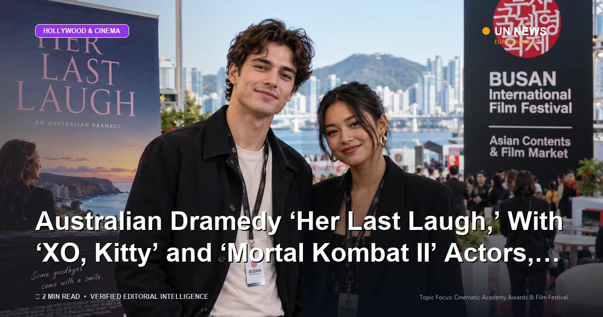 Editorial news illustration representing Australian Dramedy ‘Her Last Laugh,’ With ‘XO, Kitty’ and ‘Mortal Kombat II’ Act