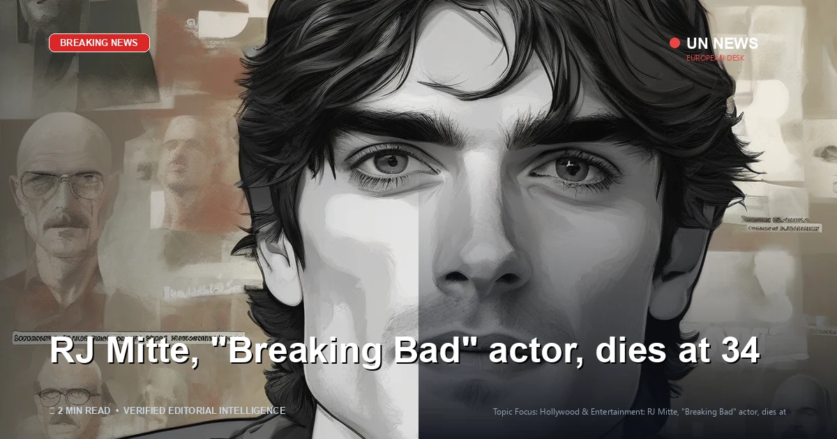 Editorial news illustration representing RJ Mitte, "Breaking Bad" actor, dies at 34