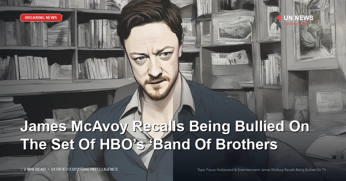 Editorial news illustration representing James McAvoy Recalls Being Bullied On The Set Of HBO’s ‘Band Of Brothers’