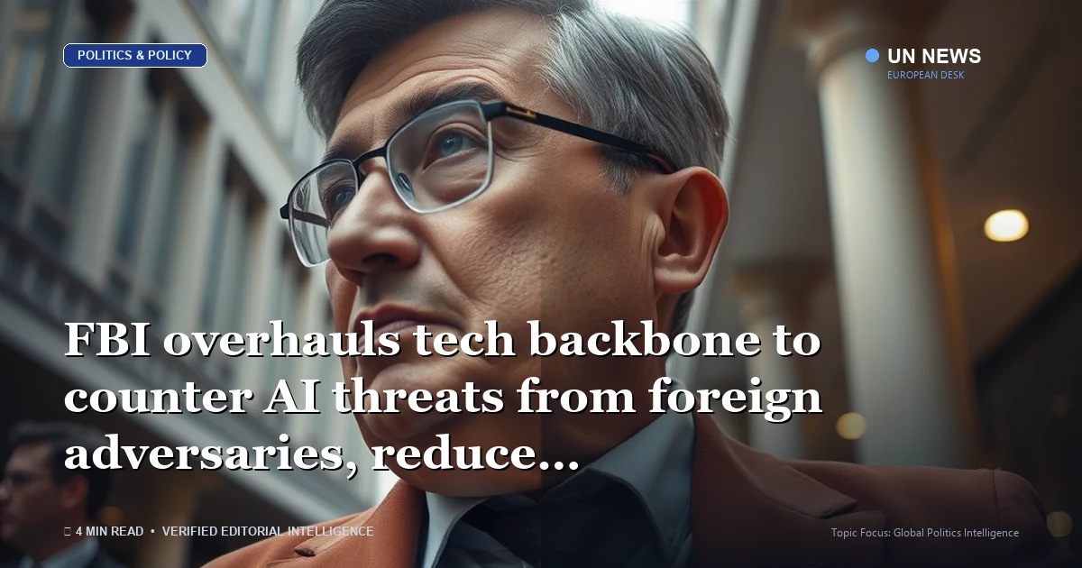 Editorial news illustration representing FBI overhauls tech backbone to counter AI threats from foreign adversaries, redu