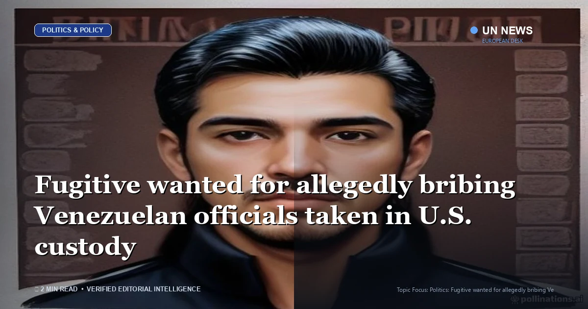 Editorial news illustration representing Fugitive wanted for allegedly bribing Venezuelan officials taken in U.S. custody