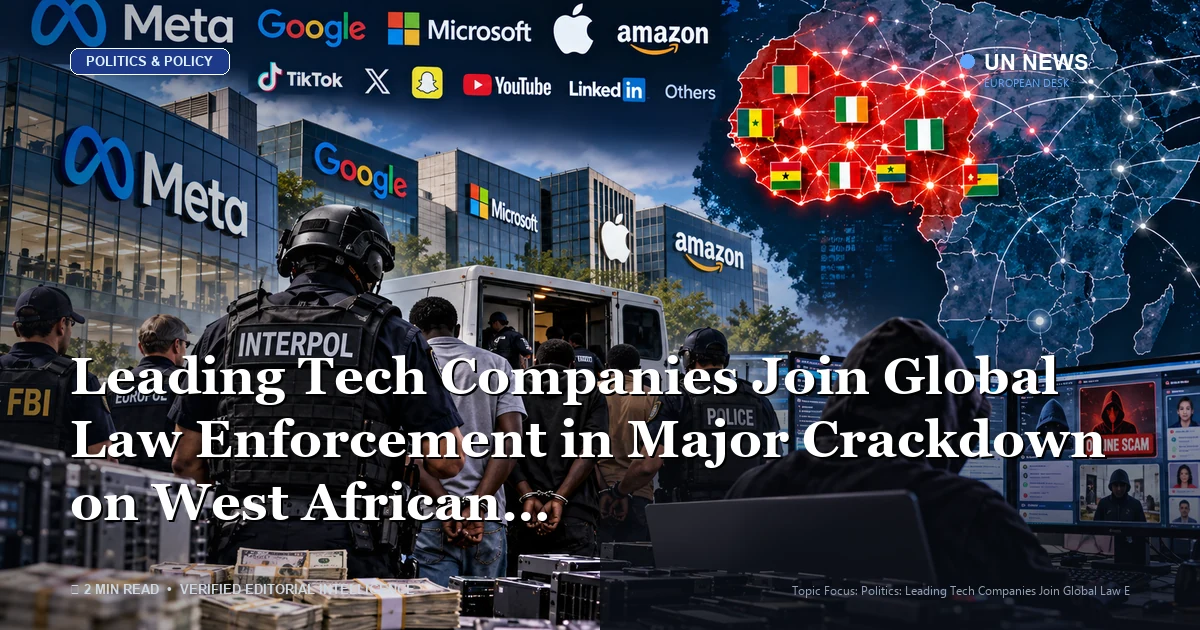 Editorial illustration representing Leading Tech Companies Join Global Law Enforcement in Major Crackdown on West African Scam Networks