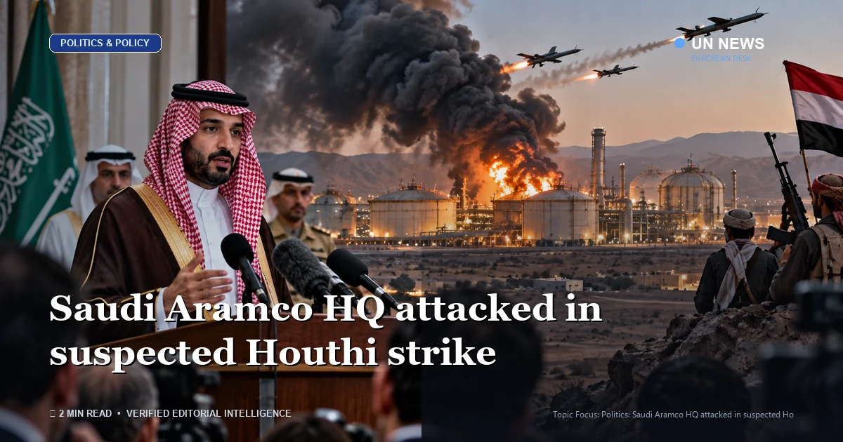 Editorial news illustration representing Saudi Aramco HQ attacked in suspected Houthi strike