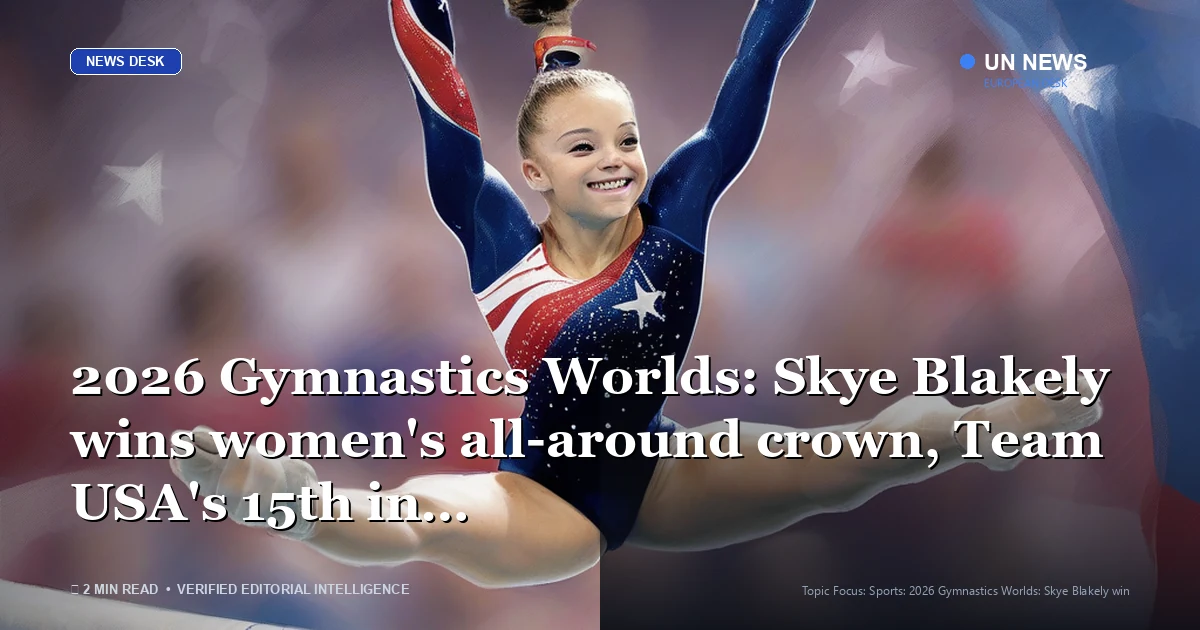 Editorial illustration representing 2026 Gymnastics Worlds: Skye Blakely wins women's all-around crown, Team USA's 1