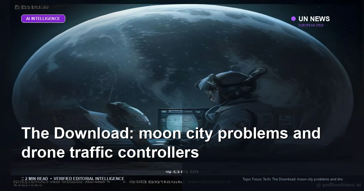 Editorial news illustration representing The Download: moon city problems and drone traffic controllers