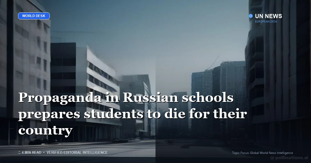 Editorial news illustration representing Propaganda in Russian schools prepares students to die for their country