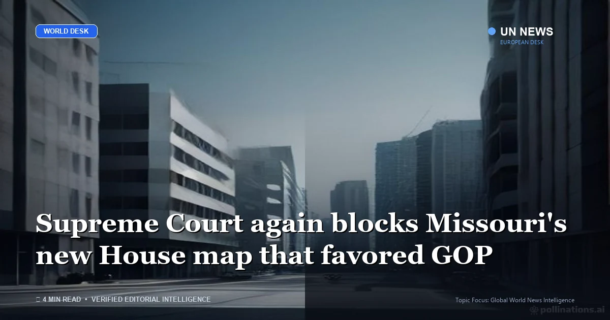 Editorial news illustration representing Supreme Court again blocks Missouri's new House map that favored GOP