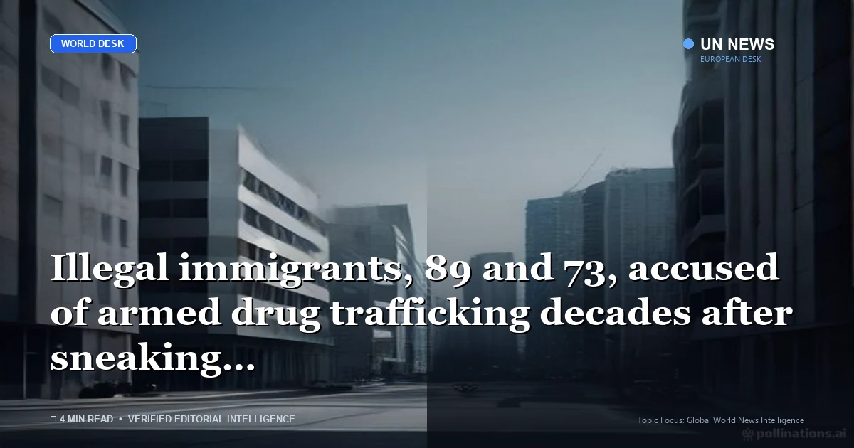 Editorial news illustration representing Illegal immigrants, 89 and 73, accused of armed drug trafficking decades after s