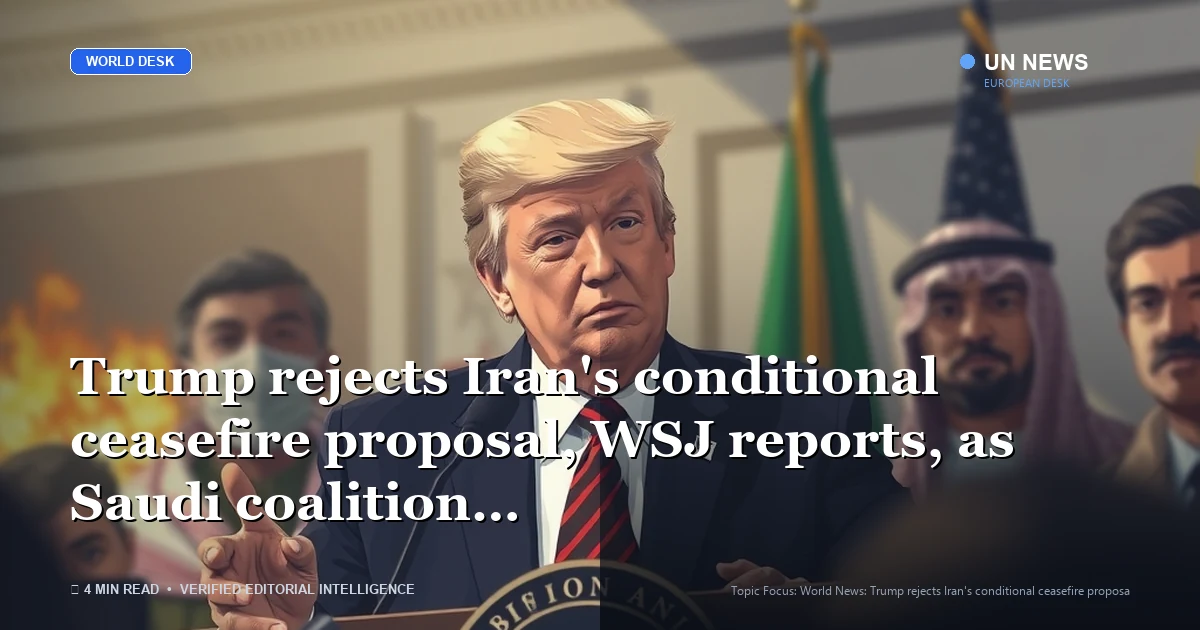 Editorial news illustration representing Trump rejects Iran's conditional ceasefire proposal, WSJ reports, as Saudi coali