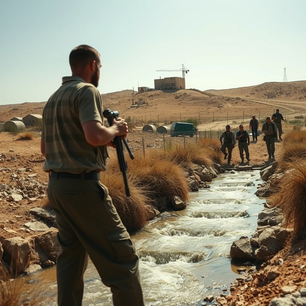 Editorial illustration representing Israeli settlers seizing natural springs in the West Bank