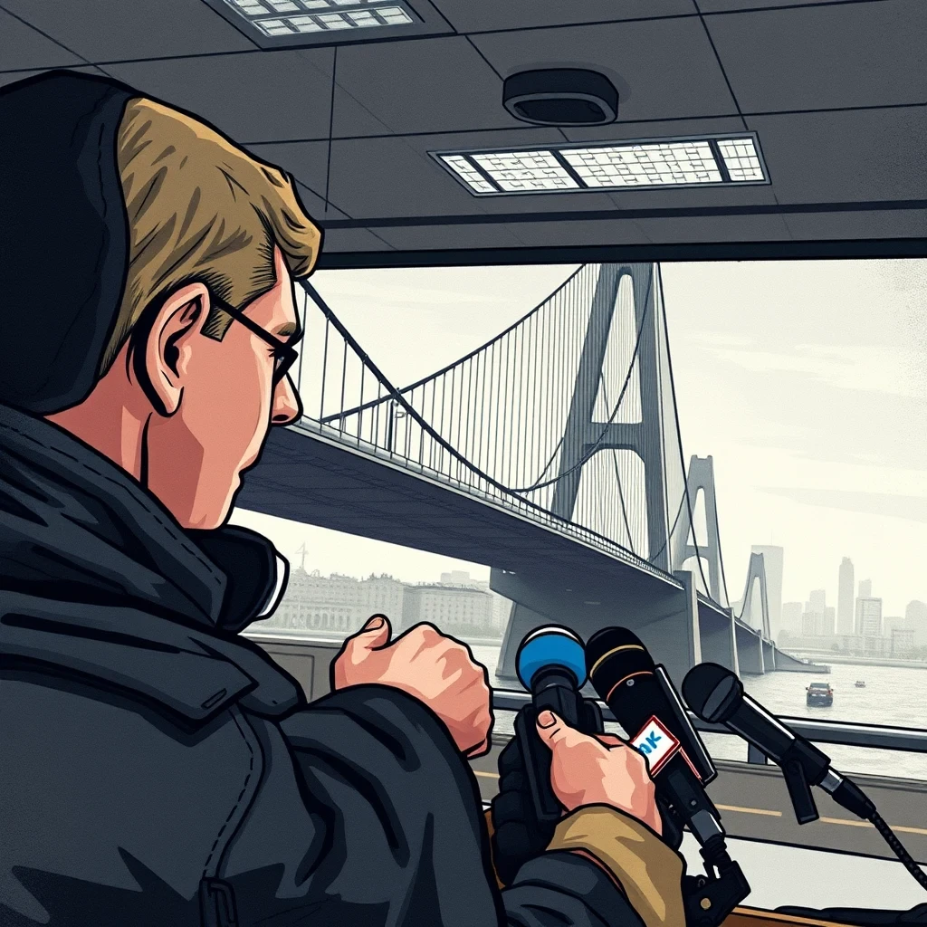 Editorial illustration representing Russia strikes second major bridge in Kyiv, mayor says