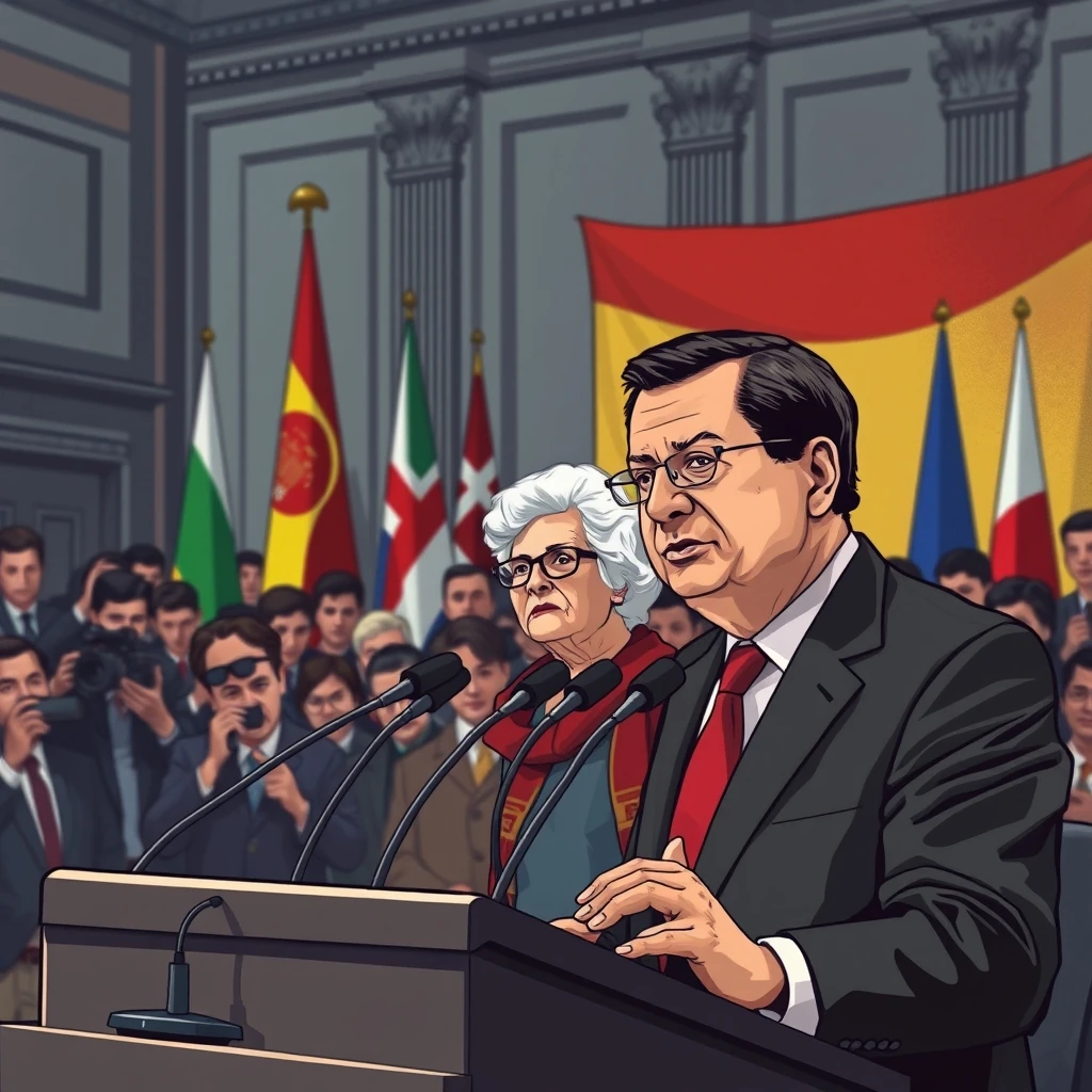Editorial illustration representing Spanish PM Sánchez loses key housing crisis vote after eviction of woman, 87