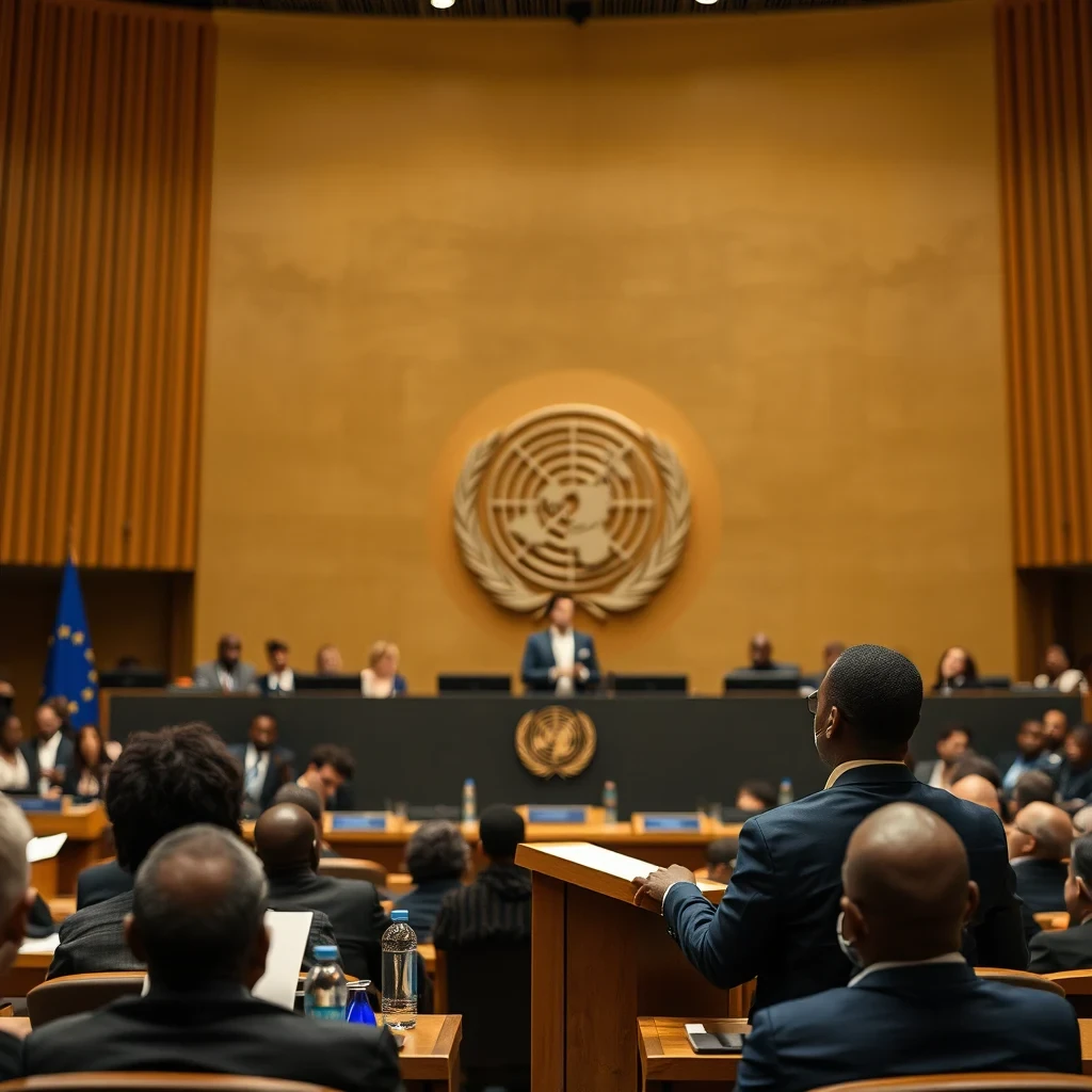 Editorial illustration representing Speech by Commissioner Lahbib on Haiti during the UN General Assembly